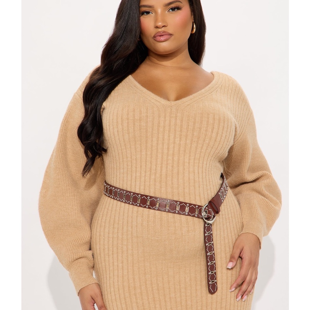 FashionNova Bria Belted Dress mocha Elegant Tan Knit Dress size XS - Picture 2 of 16